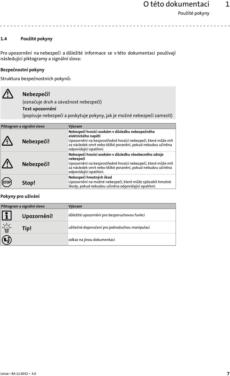 Nebezpečí! (označuje druh a závažnost nebezpečí) Text upozornění (popisuje nebezpečí a poskytuje pokyny, jak je možné nebezpečí zamezit) Piktogram a signální slovo Nebezpečí! Nebezpečí! Stop!