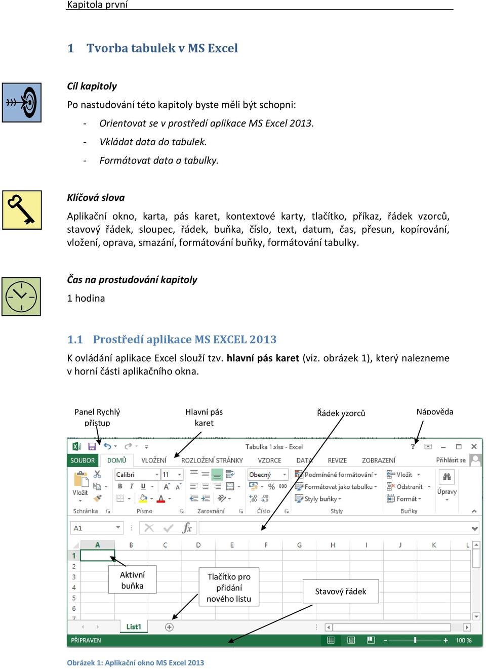 Klíčová slova Aplikační okno, karta, pás karet, kontextové karty, tlačítko, příkaz, řádek vzorců, stavový řádek, sloupec, řádek, buňka, číslo, text, datum, čas, přesun, kopírování, vložení, oprava,