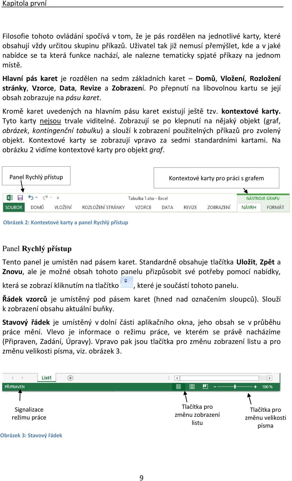 Hlavní pás karet je rozdělen na sedm základních karet Domů, Vložení, Rozložení stránky, Vzorce, Data, Revize a Zobrazení. Po přepnutí na libovolnou kartu se její obsah zobrazuje na pásu karet.