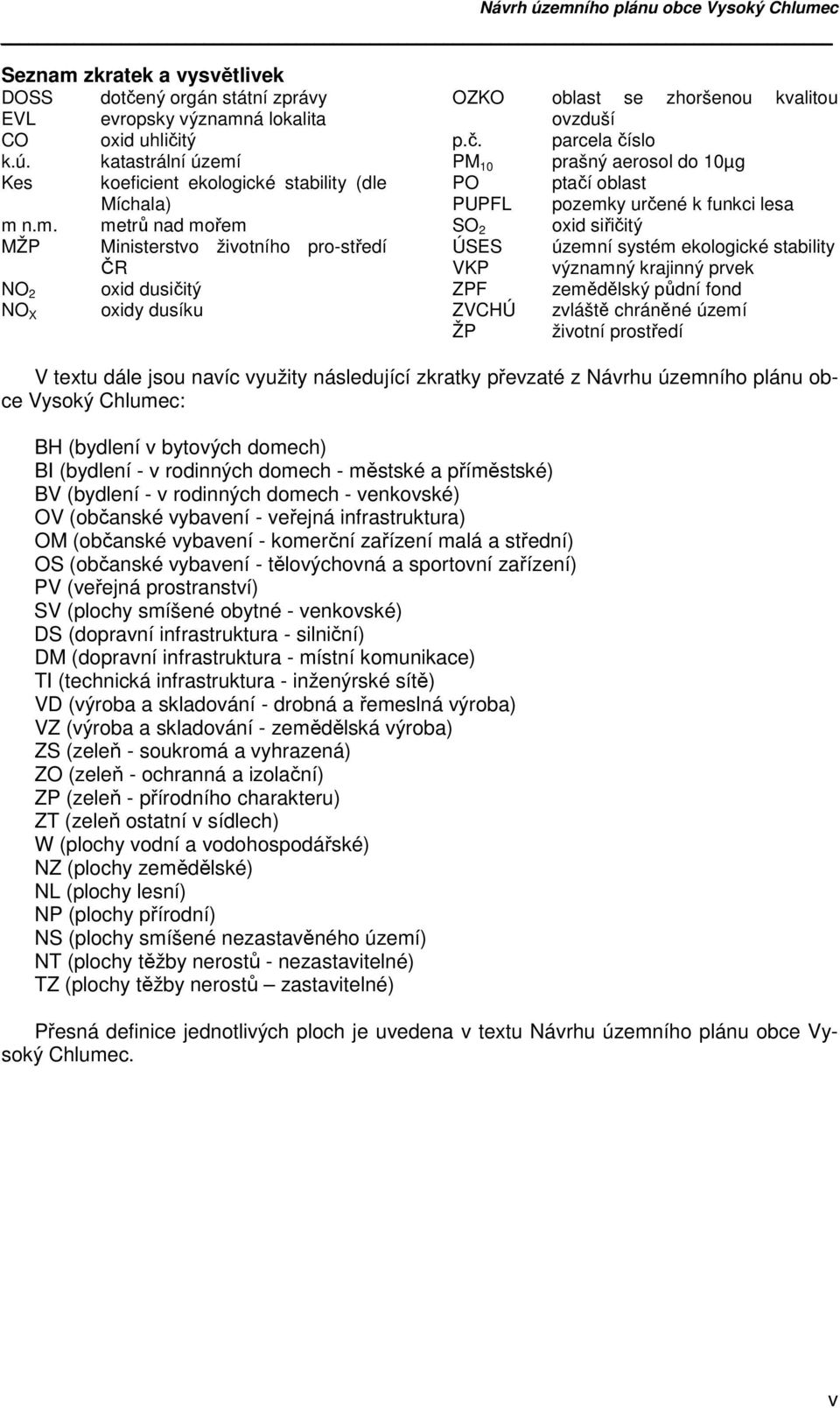 půdní fond ZVCHÚ zvláště chráněné území ŽP životní prostředí V textu dále jsou navíc využity následující zkratky převzaté z Návrhu územního plánu obce Vysoký Chlumec: BH (bydlení v bytových domech)