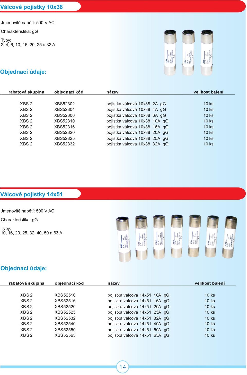 pojistka válcová 10x38 5A gg 10 ks XBS XBS533 pojistka válcová 10x38 3A gg 10 ks Válcové pojistky 14x51 Jmenovité napìtí: 500 V AC Charakteristika: gg Typy: 10, 16, 0, 5, 3, 40, 50 a 63 A XBS XBS5510