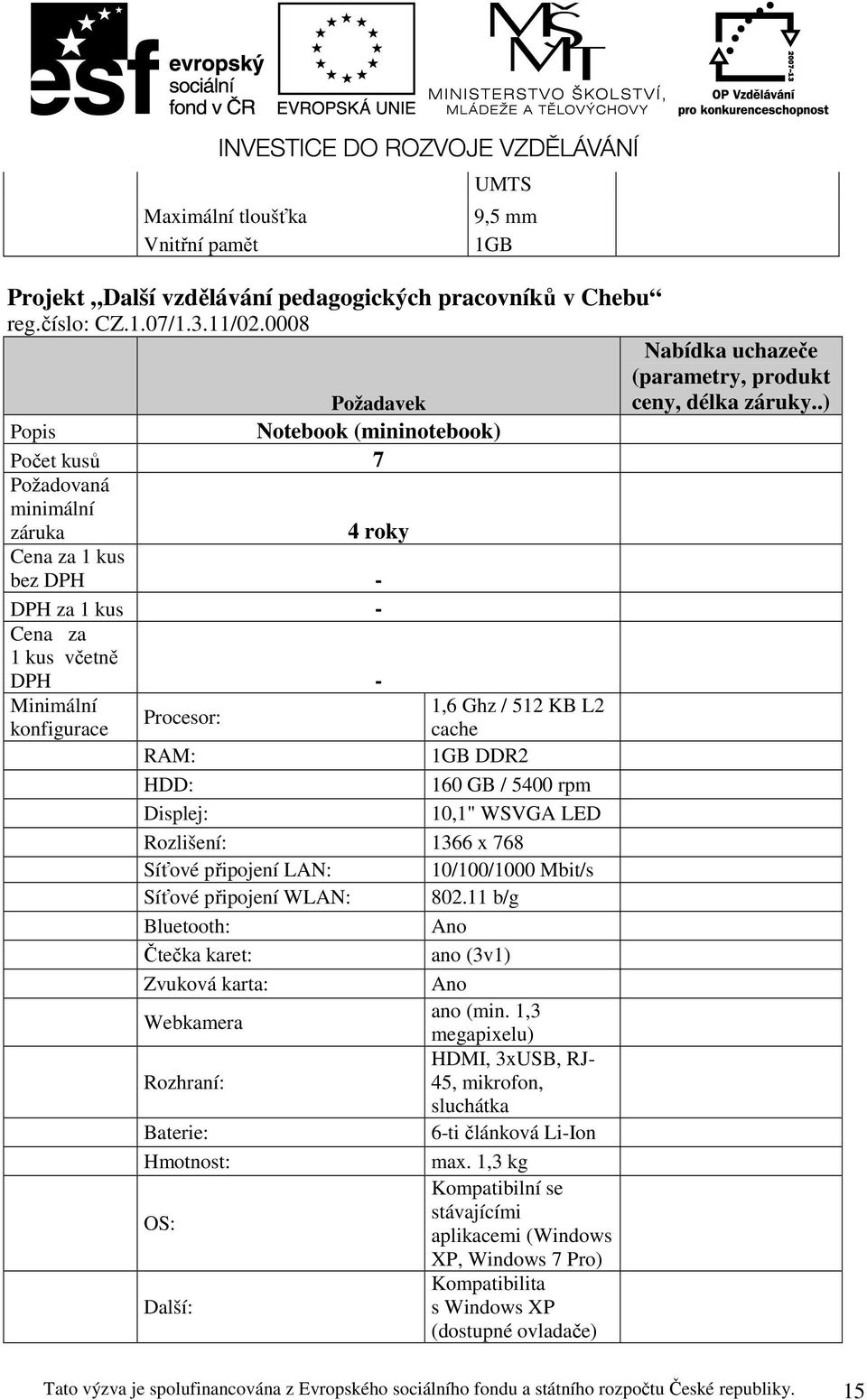 .) Popis Notebook (mininotebook) Počet kusů 7 4 roky Cena za 1 kus bez DPH - DPH za 1 kus - Cena za 1 kus včetně DPH - Minimální 1,6 Ghz / 512 KB L2 Procesor: konfigurace cache RAM: 1GB DDR2 HDD: 160