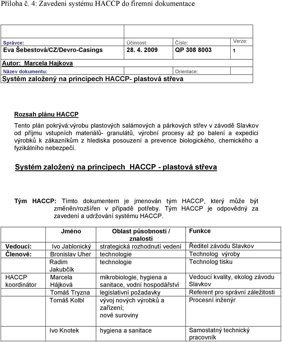 2009 QP 308 8003 1 Autor: Marcela Hajkova Název dokumentu: Systém založený na principech HACCP- plastová střeva Orientace: Rozsah plánu HACCP Tento plán pokrývá:výrobu plastových salámových a