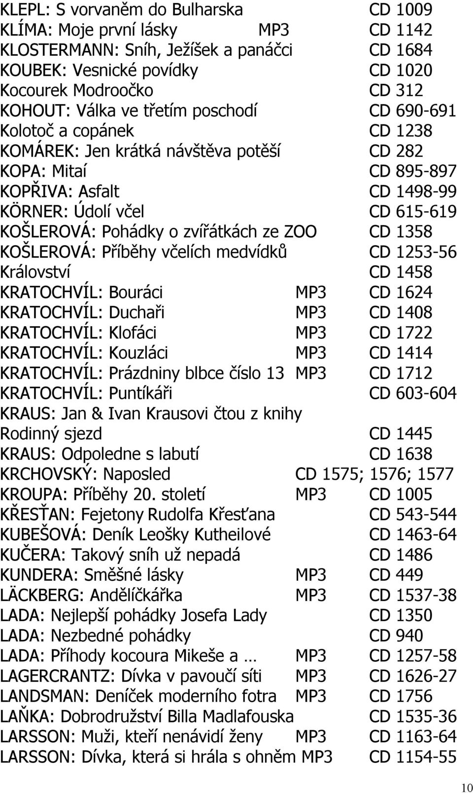 zvířátkách ze ZOO CD 1358 KOŠLEROVÁ: Příběhy včelích medvídků CD 1253-56 Království CD 1458 KRATOCHVÍL: Bouráci MP3 CD 1624 KRATOCHVÍL: Duchaři MP3 CD 1408 KRATOCHVÍL: Klofáci MP3 CD 1722 KRATOCHVÍL: