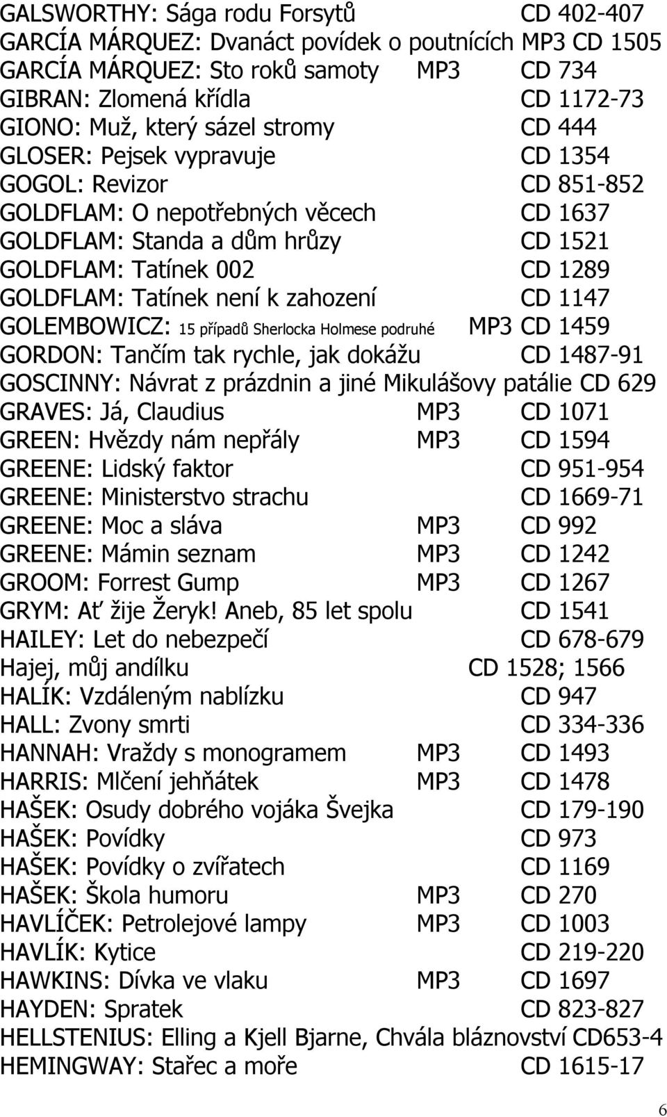 není k zahození CD 1147 GOLEMBOWICZ: 15 případů Sherlocka Holmese podruhé MP3 CD 1459 GORDON: Tančím tak rychle, jak dokážu CD 1487-91 GOSCINNY: Návrat z prázdnin a jiné Mikulášovy patálie CD 629