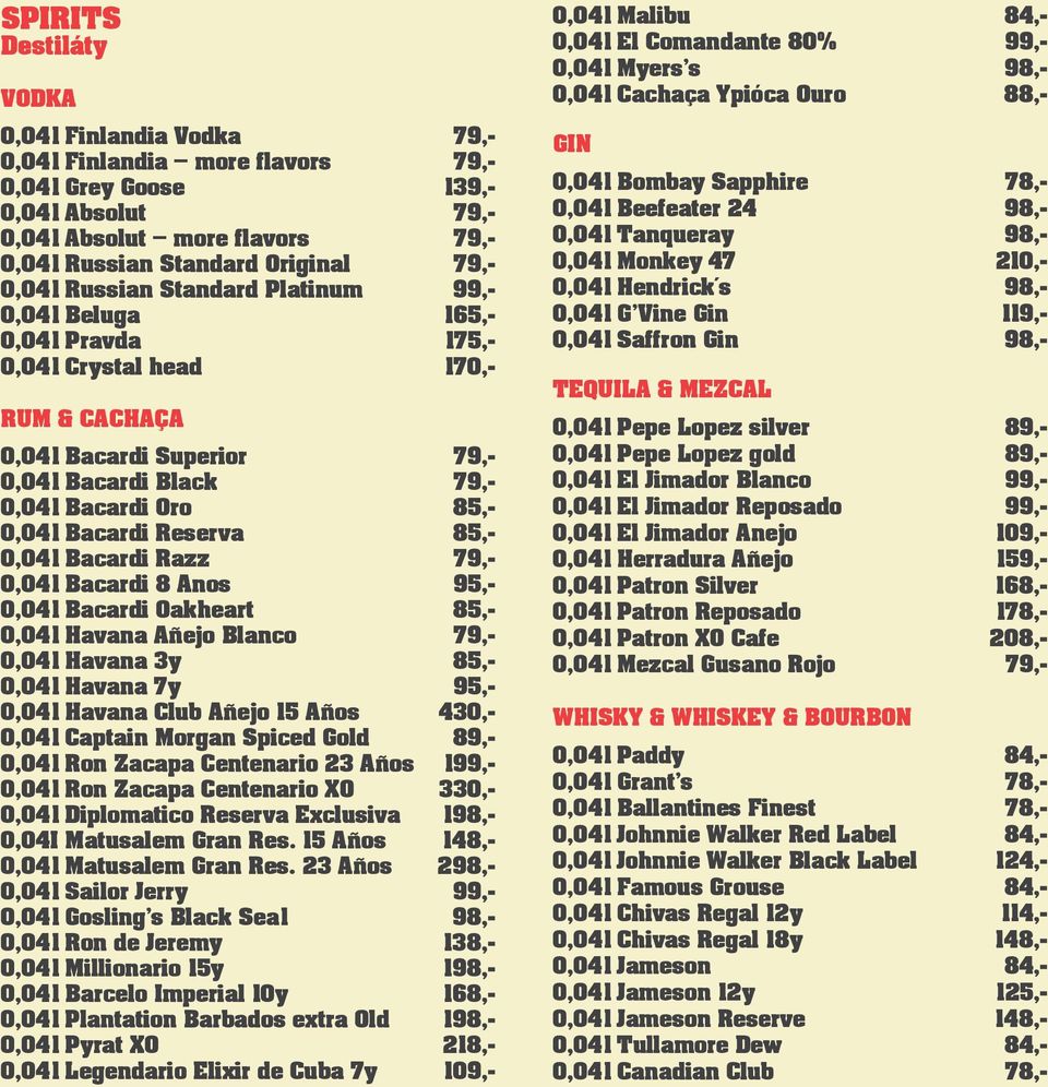 85,- 0,04 l Bacardi Reserva 85,- 0,04 l Bacardi Razz 79,- 0,04 l Bacardi 8 Anos 95,- 0,04 l Bacardi Oakheart 85,- 0,04 l Havana Añejo Blanco 79,- 0,04 l Havana 3y 85,- 0,04 l Havana 7y 95,- 0,04 l