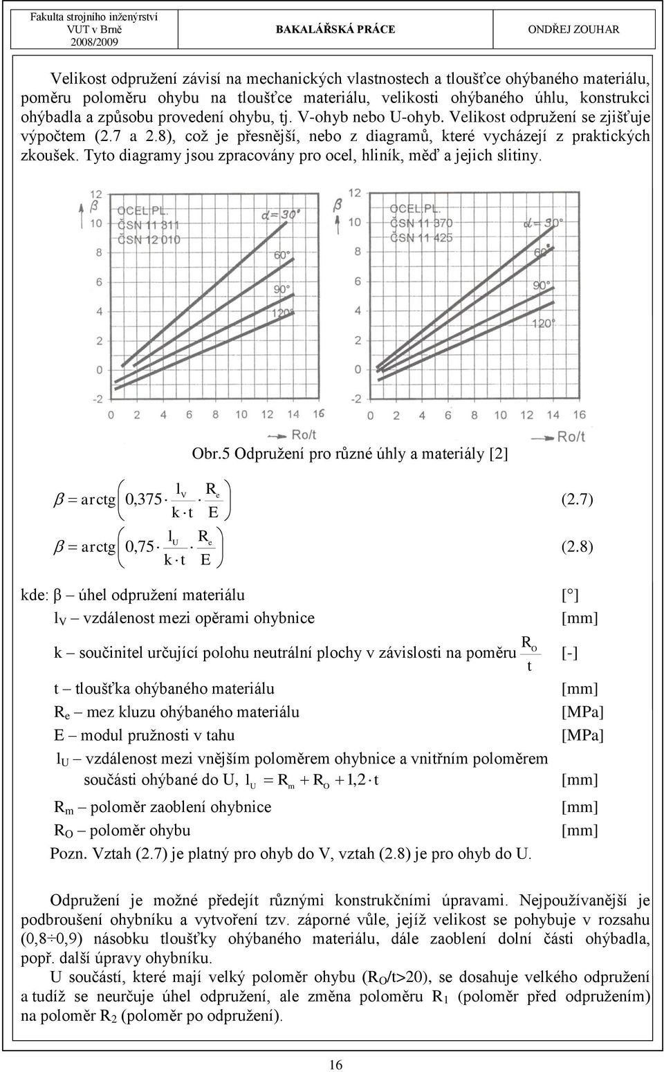 Tyto diagramy jsou zpracovány pro ocel, hliník, měď a jejich slitiny. Obr.5 Odpruţení pro různé úhly a materiály [2] l R V e arctg 0,375 k t E (2.7) l R U e arctg 0,75 k t E (2.