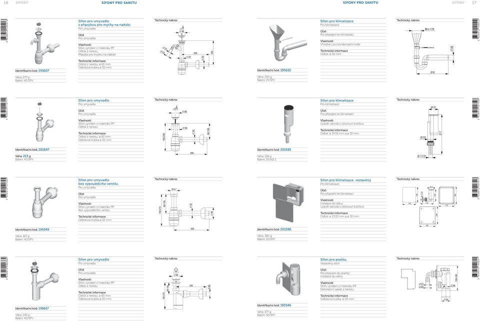 trubka ø 32 mm Sifon pro klimatizace Pro klimatizace Pro připojení ke klimatizaci Uzávěr odvodu s plovoucí kuličkou Odtok: ø 17/21 mm a ø 32 mm Ø 32 Ø 51 217 3 8 3 8 9 1 2 0 0 7 5 0 6 Identifikační
