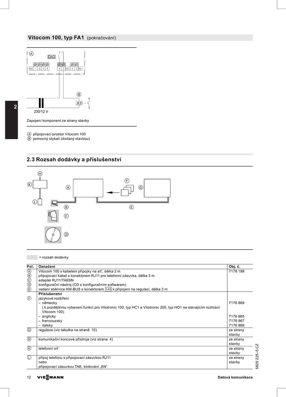 A Vitocom 100 s kabelem přípojky na sít', délka 2 m 7178 188 B připojovací kabel s konektorem RJ11 pro telefonní zásuvka, délka 3 m C adaptér RJ11/TAE6N D konfigurační nástroj (CD s konfiguračním