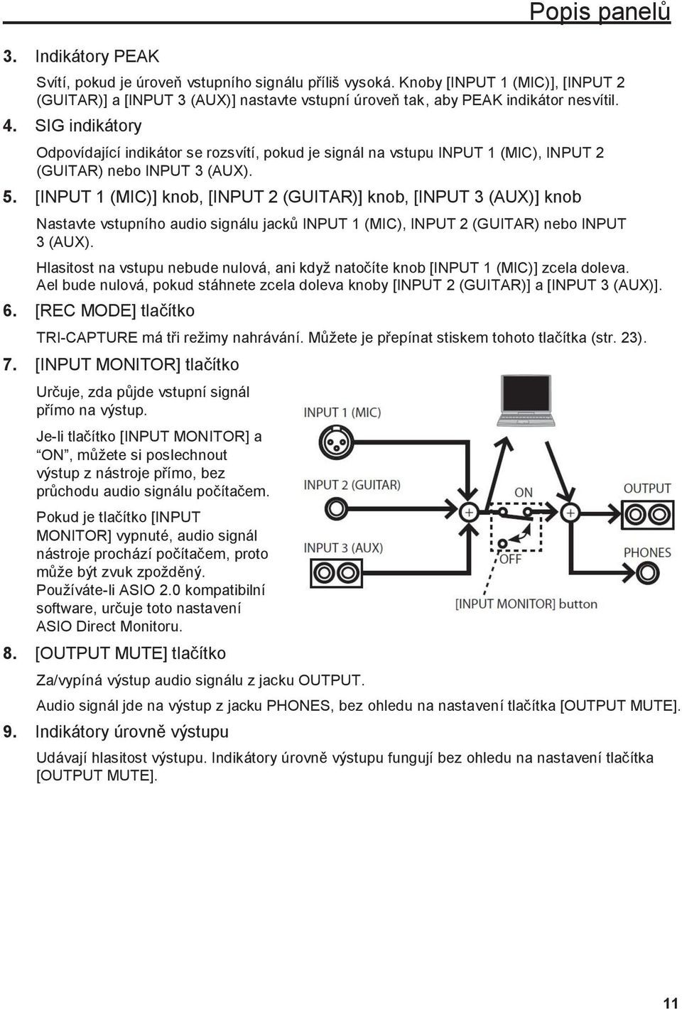 SIG indikátory Odpovídající indikátor se rozsvítí, pokud je signál na vstupu INPUT 1 (MIC), INPUT 2 (GUITAR) nebo INPUT 3 (AUX). 5.