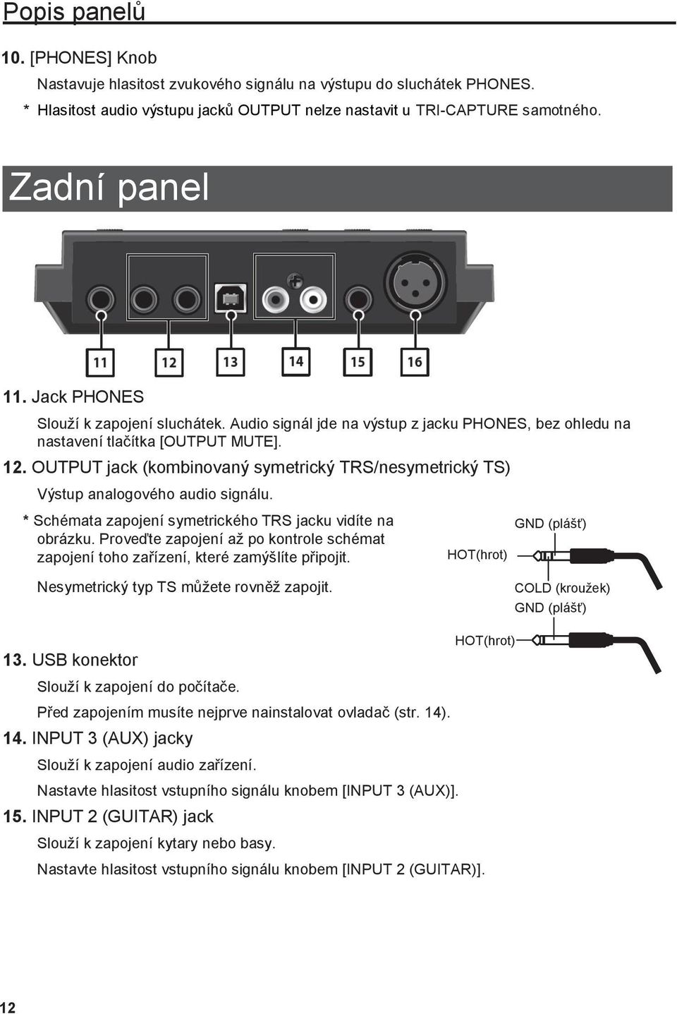 OUTPUT jack (kombinovaný symetrický TRS/nesymetrický TS) Výstup analogového audio signálu. * Schémata zapojení symetrického TRS jacku vidíte na obrázku.