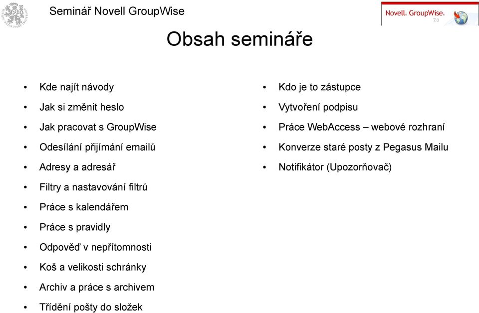 posty z Pegasus Mailu Adresy a adresář Notifikátor (Upozorňovač) Filtry a nastavování filtrů Práce s