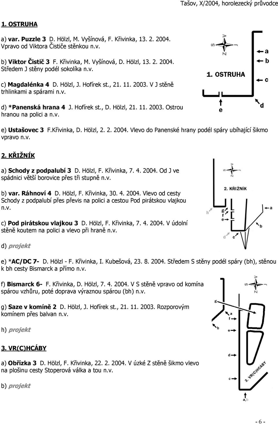 Vlevo do Panenské hrany podél spáry ubíhající šikmo vpravo 2. KŘIŽNÍK a) Schody z podpalubí 3 D. Hölzl, F. Křivinka, 7. 4. 2004. Od J ve spádnici větší borovice přes tři stupně b) var. Ráhnoví 4 D.