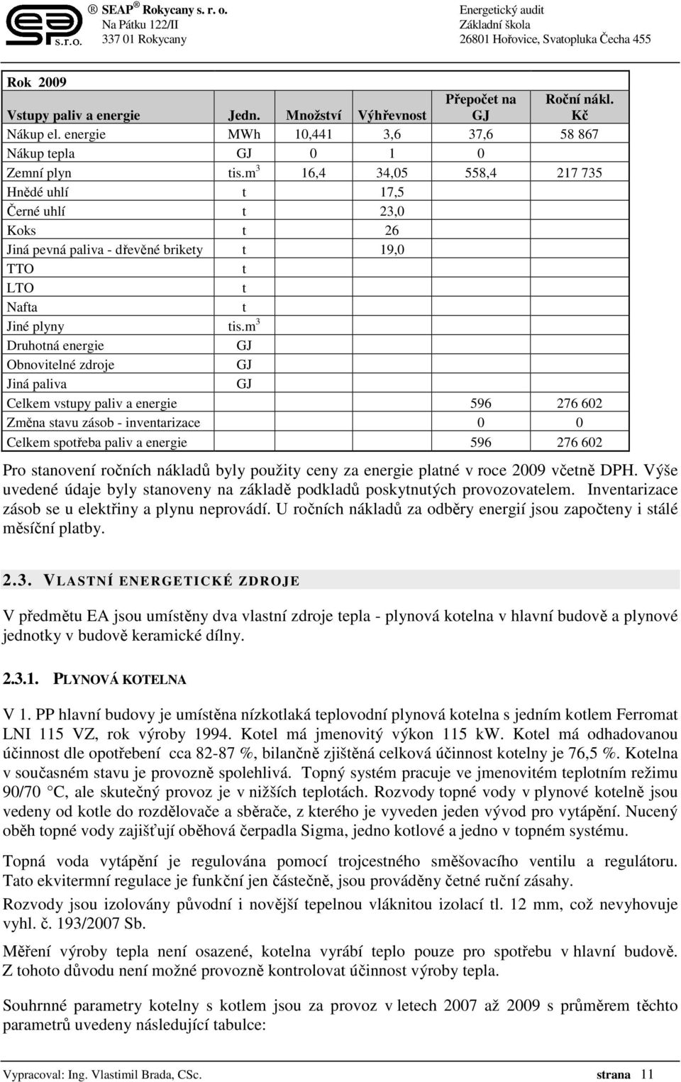 m 3 Druhotná energie GJ Obnovitelné zdroje GJ Jiná paliva GJ Celkem vstupy paliv a energie 596 276 602 Změna stavu zásob - inventarizace 0 0 Celkem spotřeba paliv a energie 596 276 602 Pro stanovení