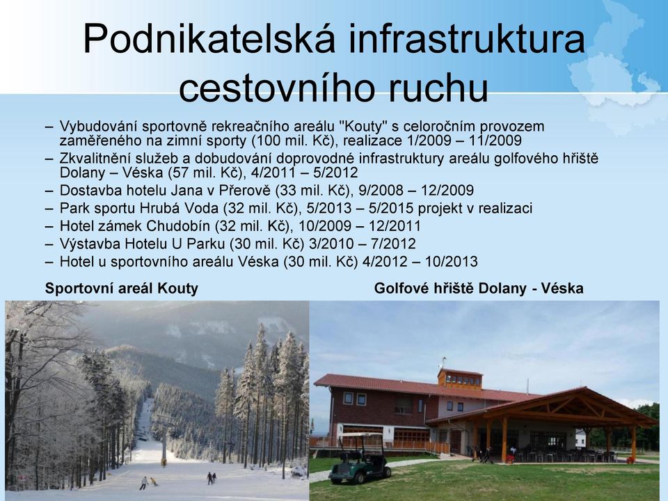 Kč), 4/2011 5/2012 Dostavba hotelu Jana v Přerově (33 mil. Kč), 9/2008 12/2009 Park sportu Hrubá Voda (32 mil.