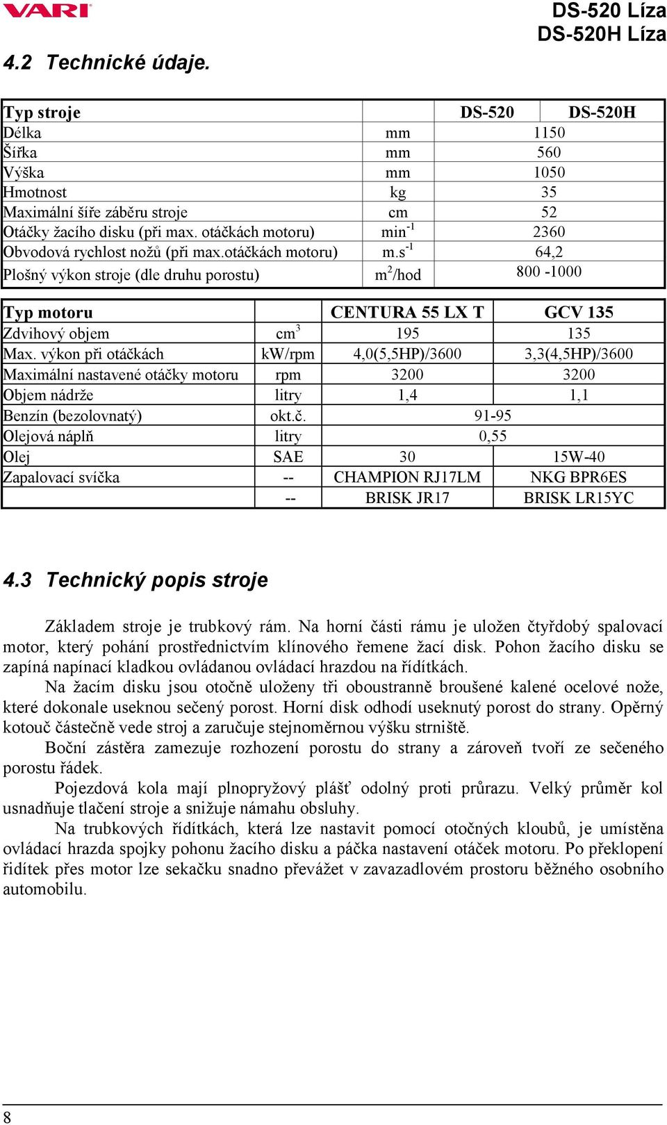 výkon při otáčkách kw/rpm 4,0(5,5HP)/3600 3,3(4,5HP)/3600 Maximální nastavené otáčky motoru rpm 3200 3200 Objem nádrže litry 1,4 1,1 Benzín (bezolovnatý) okt.č. 91-95 Olejová náplň litry 0,55 Olej SAE 30 15W-40 Zapalovací svíčka -- CHAMPION RJ17LM NKG BPR6ES -- BRISK JR17 BRISK LR15YC 4.