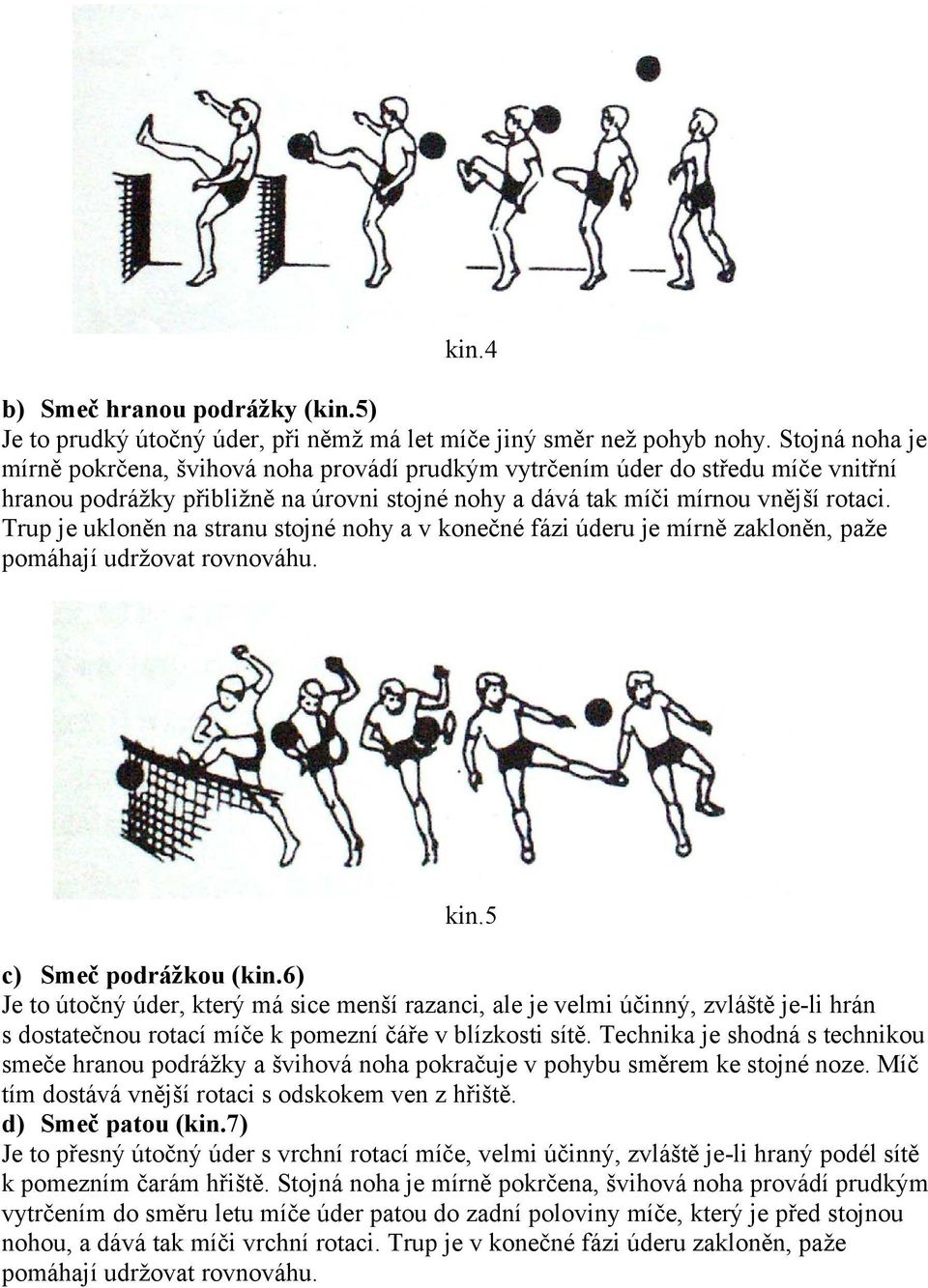 Trup je ukloněn na stranu stojné nohy a v konečné fázi úderu je mírně zakloněn, paže pomáhají udržovat rovnováhu. kin.5 c) Smeč podrážkou (kin.