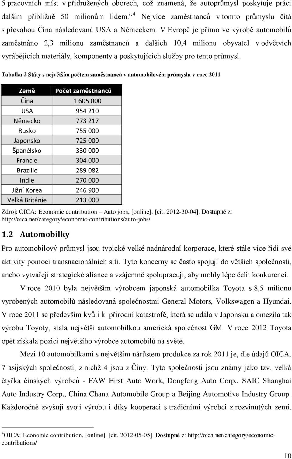 V Evropě je přímo ve výrobě automobilů zaměstnáno 2,3 milionu zaměstnanců a dalších 10,4 milionu obyvatel v odvětvích vyrábějících materiály, komponenty a poskytujících služby pro tento průmysl.