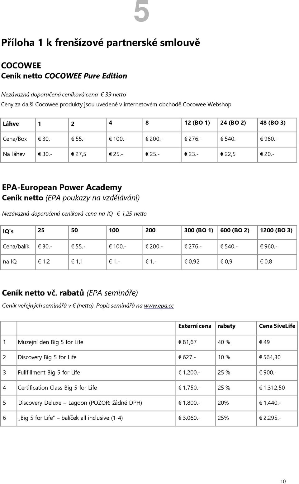 - EPA-European Power Academy Ceník netto (EPA poukazy na vzdělávání) Nezávazná doporučená ceníková cena na IQ 1,25 netto IQ s 25 50 100 200 300 (BO 1) 600 (BO 2) 1200 (BO 3) Cena/balík 30.- 55.- 100.