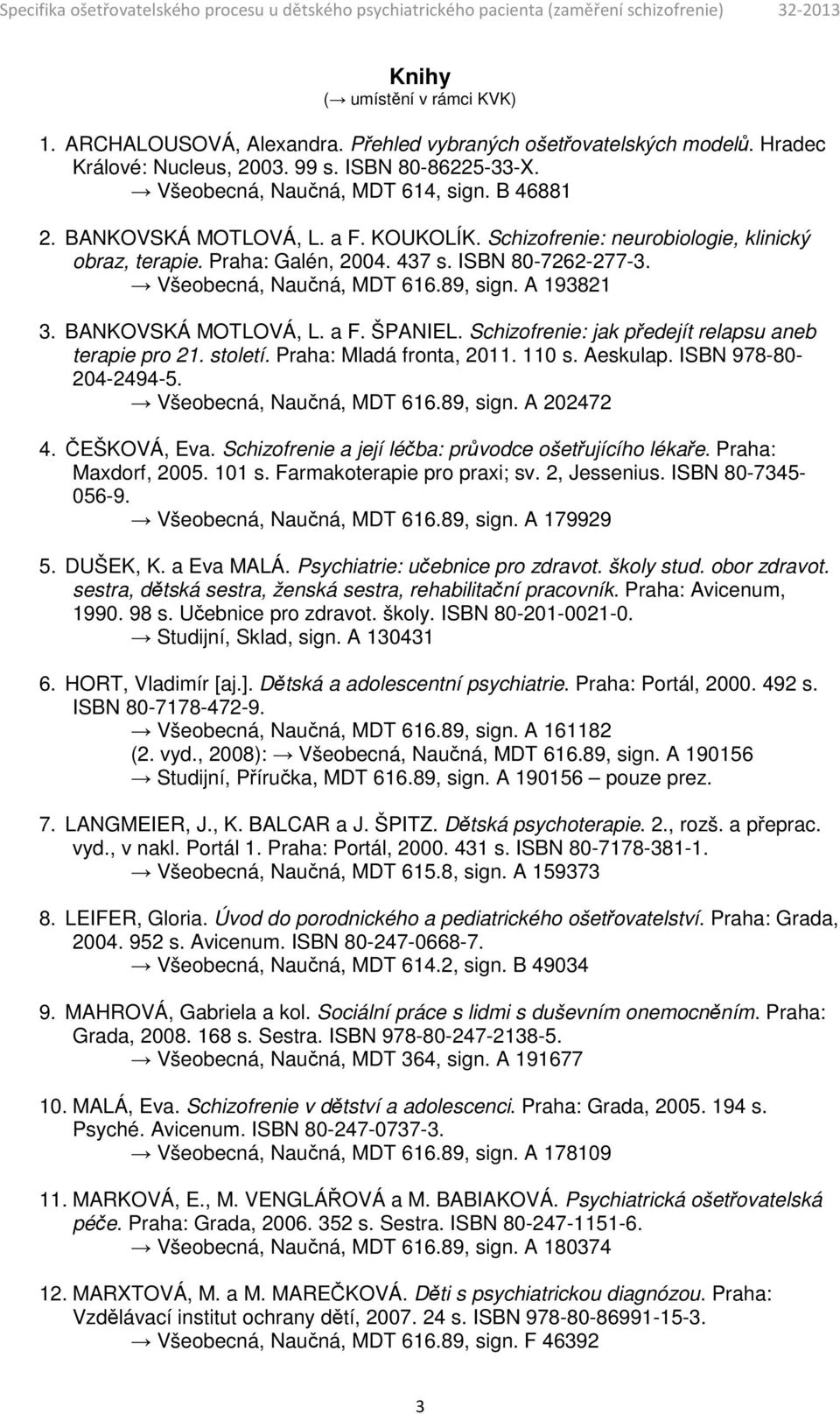 BANKOVSKÁ MOTLOVÁ, L. a F. ŠPANIEL. Schizofrenie: jak předejít relapsu aneb terapie pro 21. století. Praha: Mladá fronta, 2011. 110 s. Aeskulap. ISBN 978-80- 204-2494-5. Všeobecná, Naučná, MDT 616.