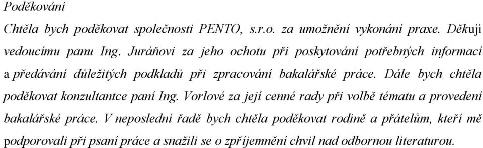 Dále bych chtěla poděkovat konzultantce paní Ing. Vorlové za její cenné rady při volbě tématu a provedení bakalářské práce.