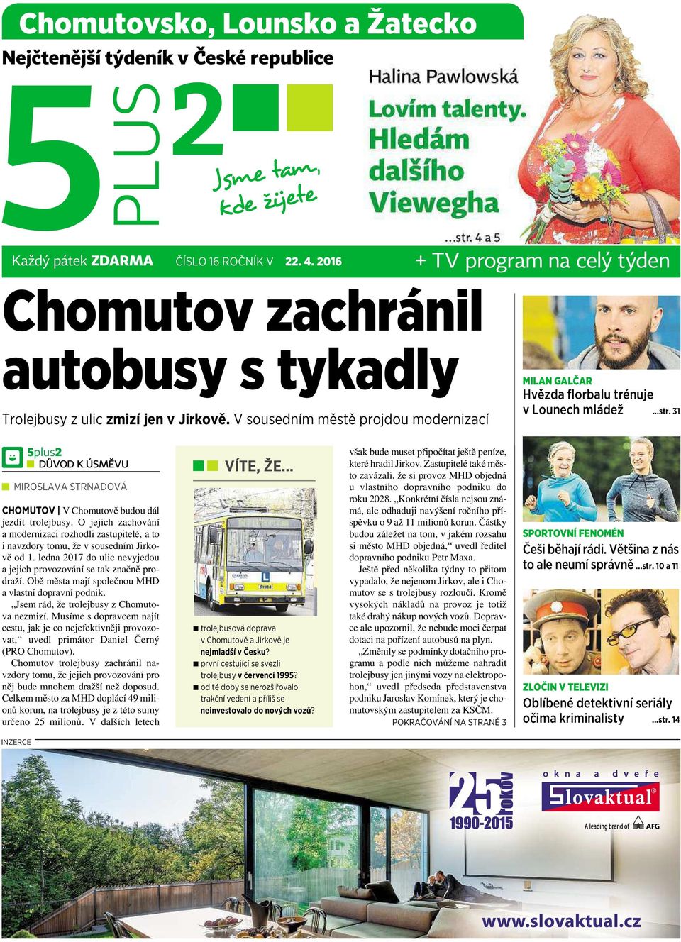 31 5plus2 V DŮVOD KÚSMĚVU MIROSLAVA STRNADOVÁ CHOMUTOV V Chomutově budou dál jezdit trolejbusy. O jejich zachování amodernizaci rozhodli zastupitelé, ato inavzdory tomu, že vsousedním Jirkově od 1.