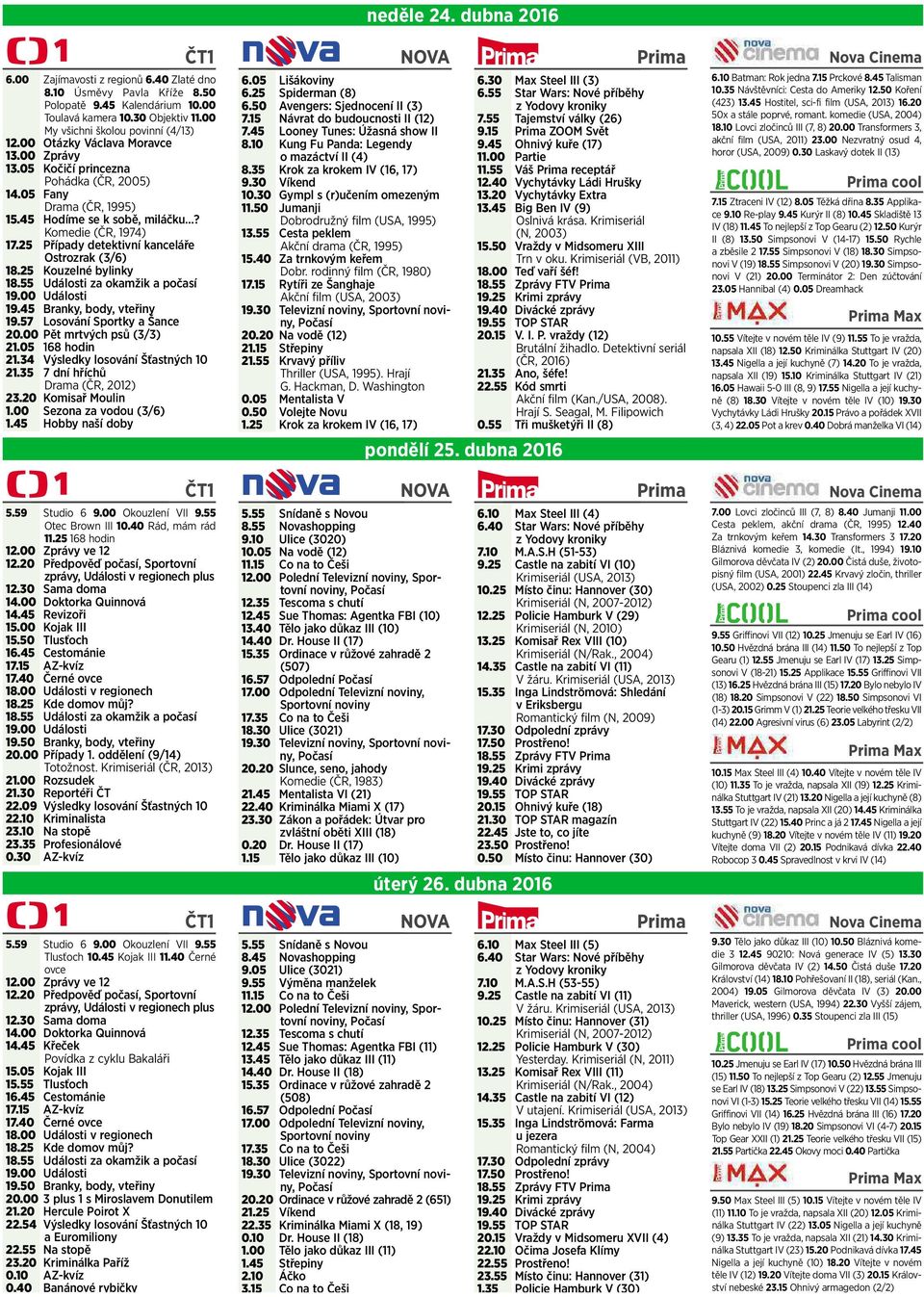 25 Případy detektivní kanceláře Ostrozrak (3/6) 18.25 Kouzelné bylinky 18.55 Události za okamžik apočasí 19.00 Události 19.45 Branky, body, vteřiny 19.57 Losování Sportky ašance 20.