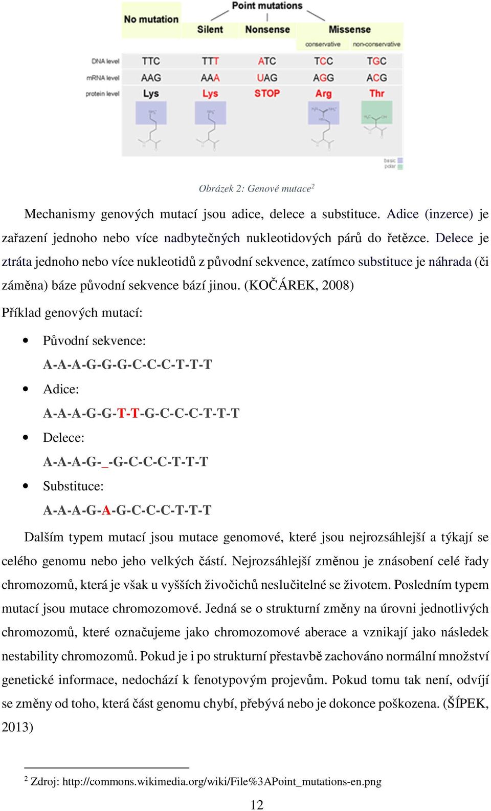 (KOČÁREK, 2008) Příklad genových mutací: Původní sekvence: A-A-A-G-G-G-C-C-C-T-T-T Adice: A-A-A-G-G-T-T-G-C-C-C-T-T-T Delece: A-A-A-G-_-G-C-C-C-T-T-T Substituce: A-A-A-G-A-G-C-C-C-T-T-T Dalším typem