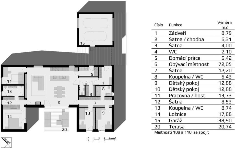 Koupelna / WC 6,43 9 Dětský pokoj 12,88 10 Dětský pokoj 12,88 11 Pracovna / host 13,73 12 Šatna