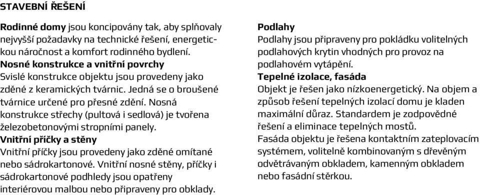 Nosná konstrukce střechy (pultová i sedlová) je tvořena železobetonovými stropními panely. Vnitřní příčky a stěny Vnitřní příčky jsou provedeny jako zděné omítané nebo sádrokartonové.