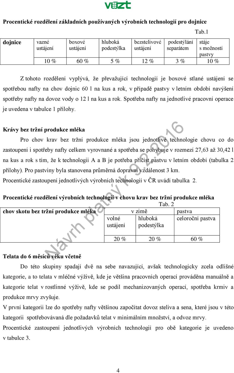 technologií je boxové stlané ustájení se spotřebou nafty na chov dojnic 60 l na kus a rok, v případě pastvy v letním období navýšení spotřeby nafty na dovoz vody o 12 l na kus a rok.