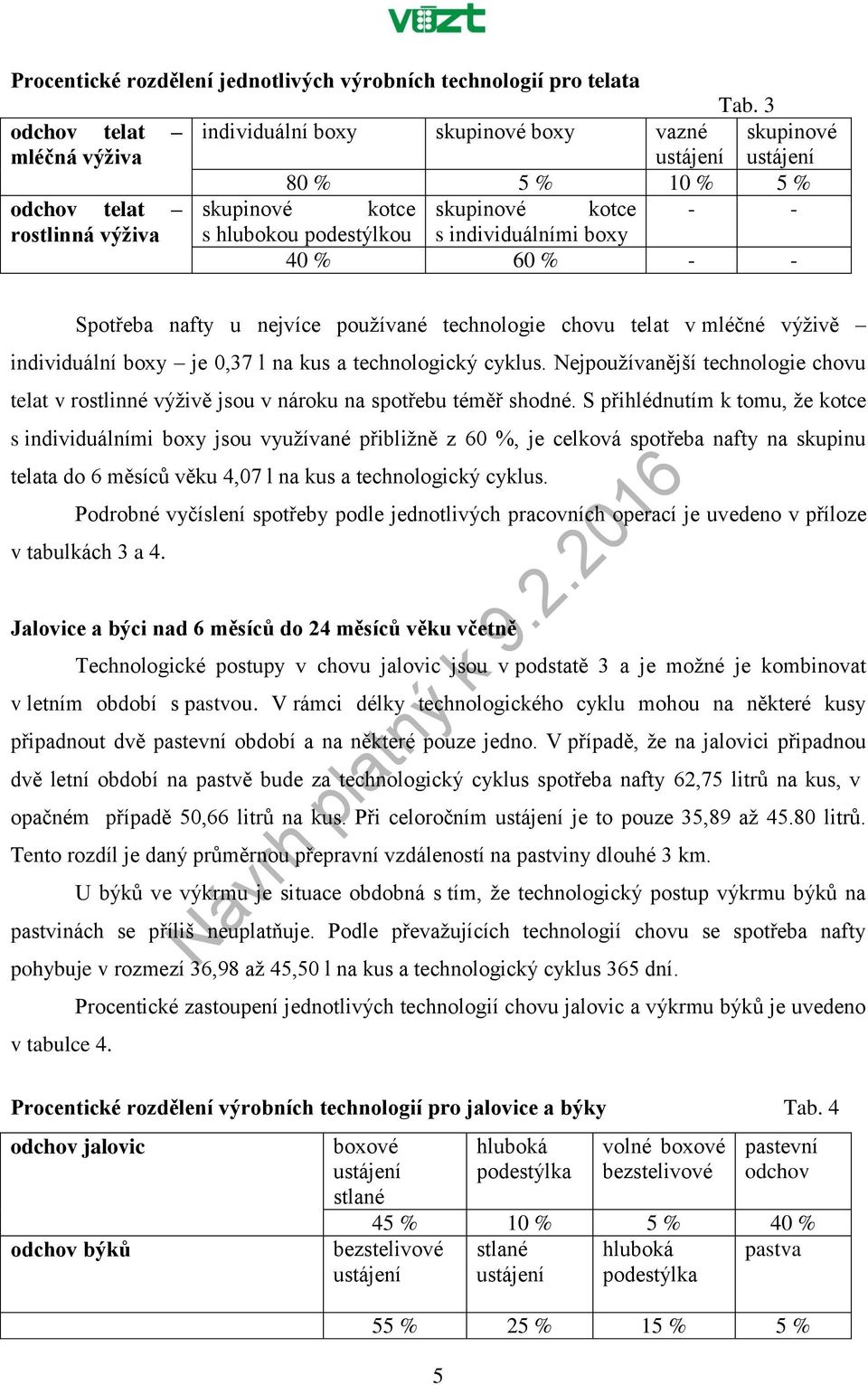 podestýlkou s individuálními boxy 40 % 60 % - - Spotřeba nafty u nejvíce používané technologie chovu telat v mléčné výživě individuální boxy je 0,37 l na kus a technologický cyklus.