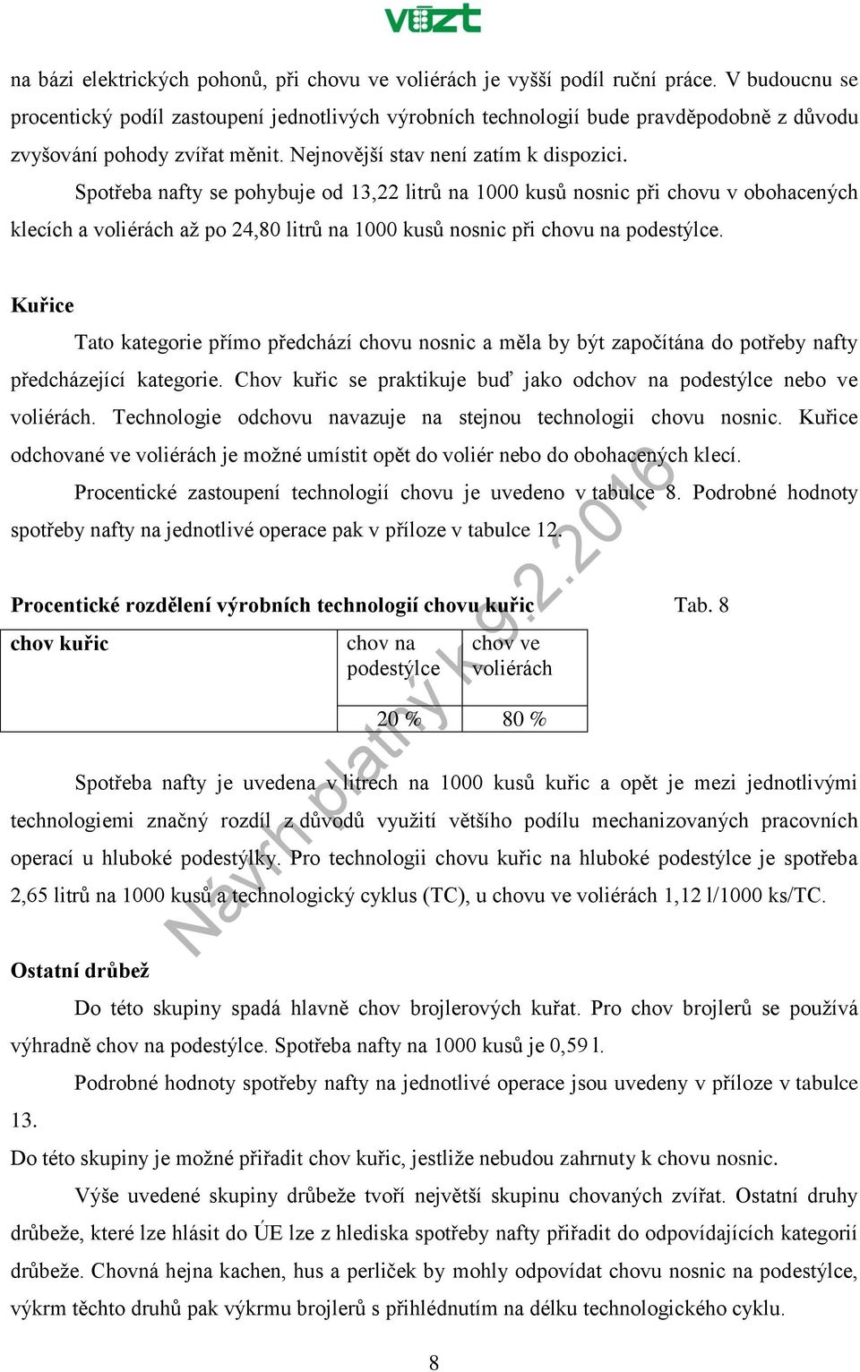 Spotřeba nafty se pohybuje od 13,22 litrů na 1000 kusů nosnic při chovu v obohacených klecích a voliérách až po 24,80 litrů na 1000 kusů nosnic při chovu na podestýlce.