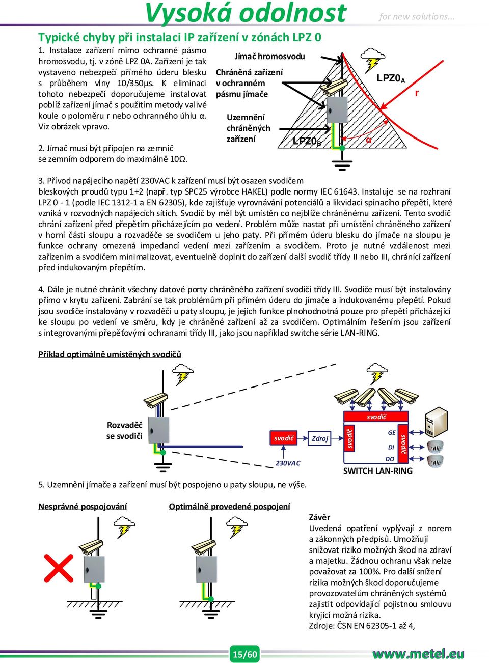 K eliminaci tohoto nebezpečí doporučujeme instalovat poblíž zařízení jímač s použitím metody valivé koule o poloměru r nebo ochranného úhlu α. Viz obrázek vpravo. 2.