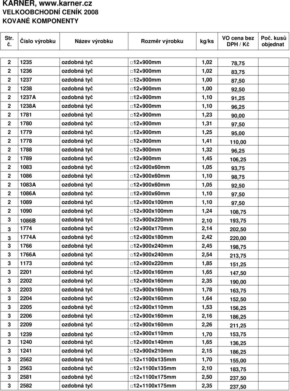 1,10 91,25 2 1238A ozdobná tyč 12 900mm 1,10 96,25 2 1781 ozdobná tyč 12 900mm 1,23 90,00 2 1780 ozdobná tyč 12 900mm 1,31 97,50 2 1779 ozdobná tyč 12 900mm 1,25 95,00 2 1778 ozdobná tyč 12 900mm