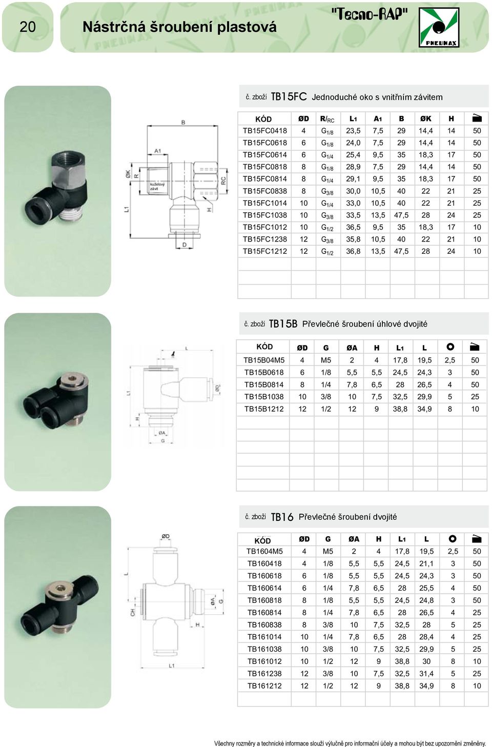 TB1FC1 G 1/ 33,0, 0 22 21 TB1FC3 G 3/ 33, 13, 7, 2 2 TB1FC12 G 1/2 3, 9, 3 1,3 17 TB1FC123 12 G 3/ 3,, 0 22 21 TB1FC1212 12 G 1/2 3, 13, 7, 2 2 TB1B č. zboží Převlečné šroubení úhlové dvojité REF.