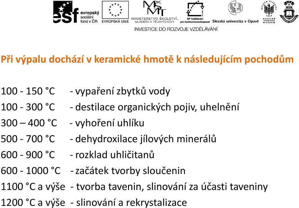 dehydroxilace jílových minerálů 600-900 C - rozklad uhličitanů 600-1000 C - začátek tvorby