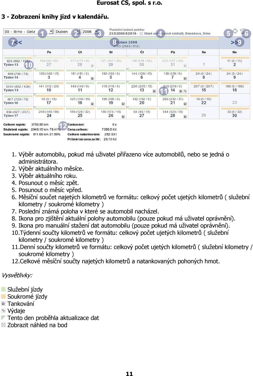 Měsíční součet najetých kilometrů ve formátu: celkový počet ujetých kilometrů ( služební kilometry / soukromé kilometry ) 7. Poslední známá poloha v které se automobil nacházel. 8.