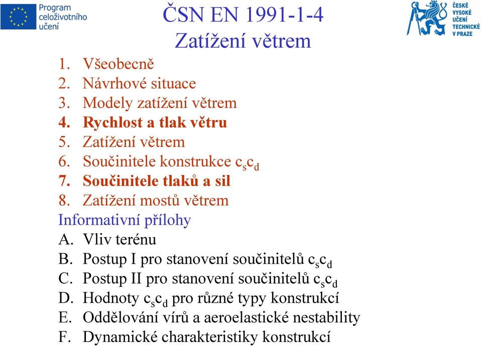 Zatížení mostů větrem Informativní přílohy A. Vliv terénu B. Postup I pro stanovení součinitelů c s c d C.