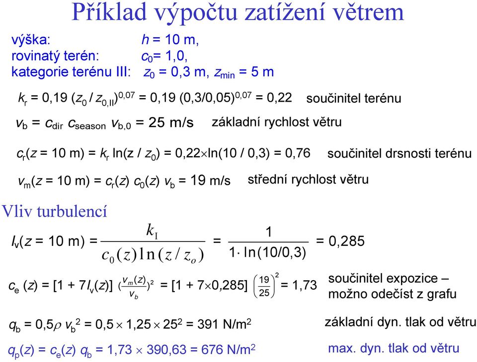 (z) v b = 19 m/s střední rychlost větru Vliv turbulencí I v (z = 10 m) = c 0 ( ki z) l n ( z v ( z) v / z o ) = 1 1 ln(10/0,3) m 2 c e (z) = [1 + 7I v (z)] ( ) = [1 + 7 0,285] = 1,73 b 19 25