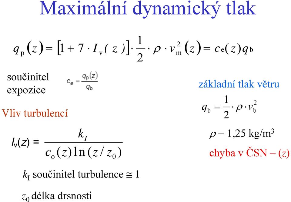 o k I ( z)ln ( z / z0) k I součinitel turbulence 1 z 0 délka