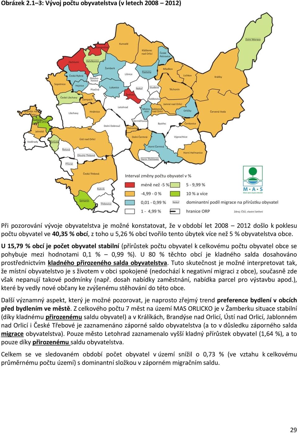 obcí tvořilo tento úbytek více než 5 % obyvatelstva obce. U 15,79 % obcí je počet obyvatel stabilní (přírůstek počtu obyvatel k celkovému počtu obyvatel obce se pohybuje mezi hodnotami 0,1 % 0,99 %).