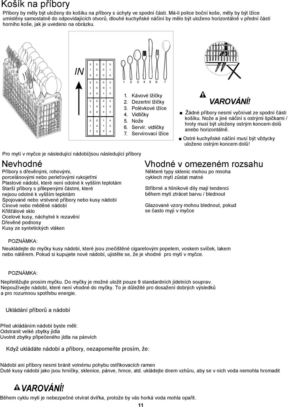 obrázku. IN 1. Kávové lžičky 2. Dezertní lžičky 3. Polévkové lžíce 4. Vidličky 5. Nože 6. Servír. vidličky 7. Servírovací lžíce VAROVÁNÍ! Žádné příbory nesmí vyčnívat ze spodní části košíku.