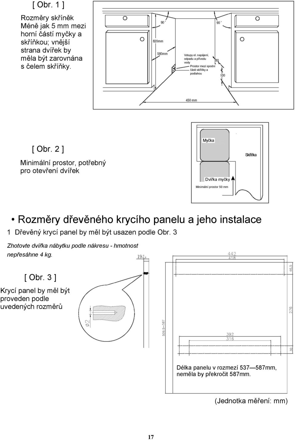 2 ] Minimální prostor, potřebný pro otevření dvířek Myčka Dvířka myčky Minimální prostor 50 mm Skříňka Rozměry dřevěného krycího panelu a jeho instalace 1 Dřevěný