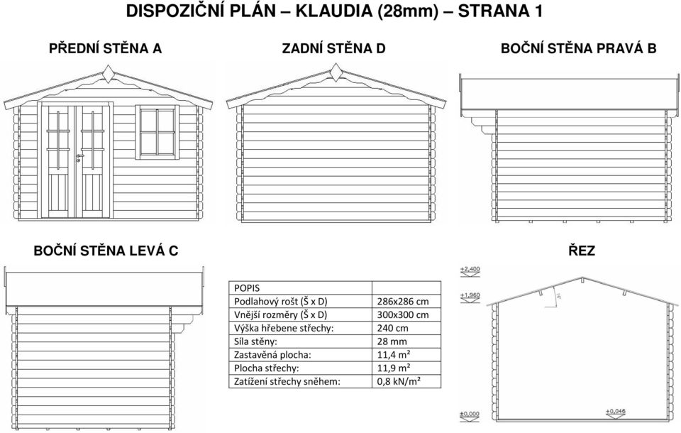 Vnější rozměry (Š x D) 300x300 cm Výška hřebene střechy: 240 cm Síla stěny: 28