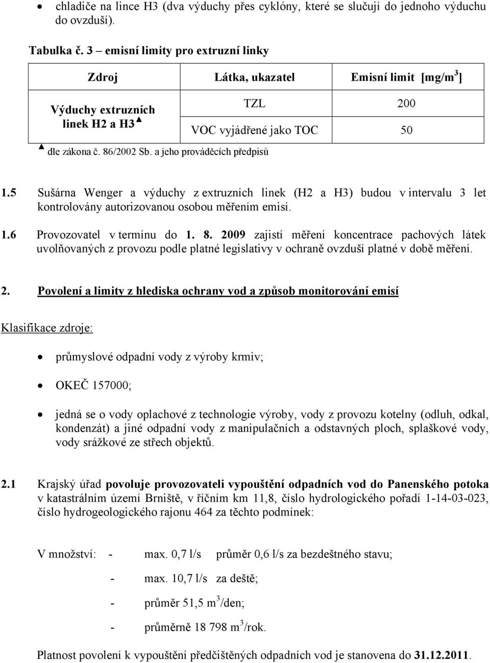 a jeho prováděcích předpisů 1.5 Sušárna Wenger a výduchy z extruzních linek (H2 a H3) budou v intervalu 3 let kontrolovány autorizovanou osobou měřením emisí. 1.6 Provozovatel v termínu do 1. 8.