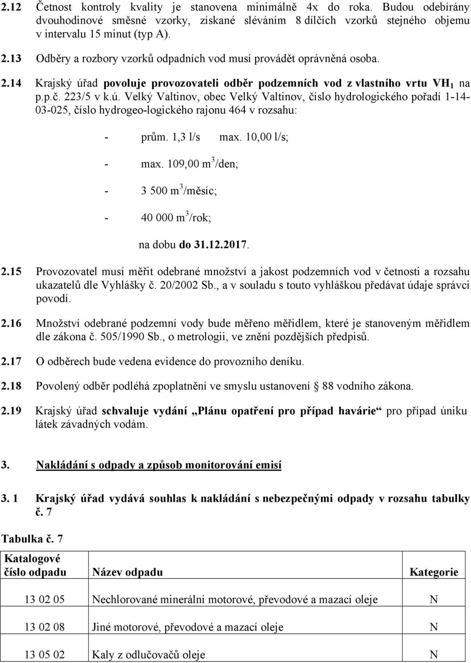 ad povoluje provozovateli odběr podzemních vod z vlastního vrtu VH 1 na p.p.č. 223/5 v k.ú.