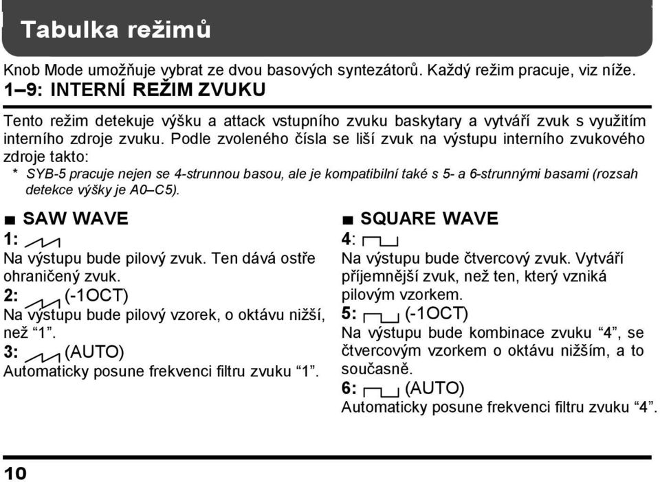 Podle zvoleného čísla se liší zvuk na výstupu interního zvukového zdroje takto: * SYB-5 pracuje nejen se 4-strunnou basou, ale je kompatibilní také s 5- a 6-strunnými basami (rozsah detekce výšky je