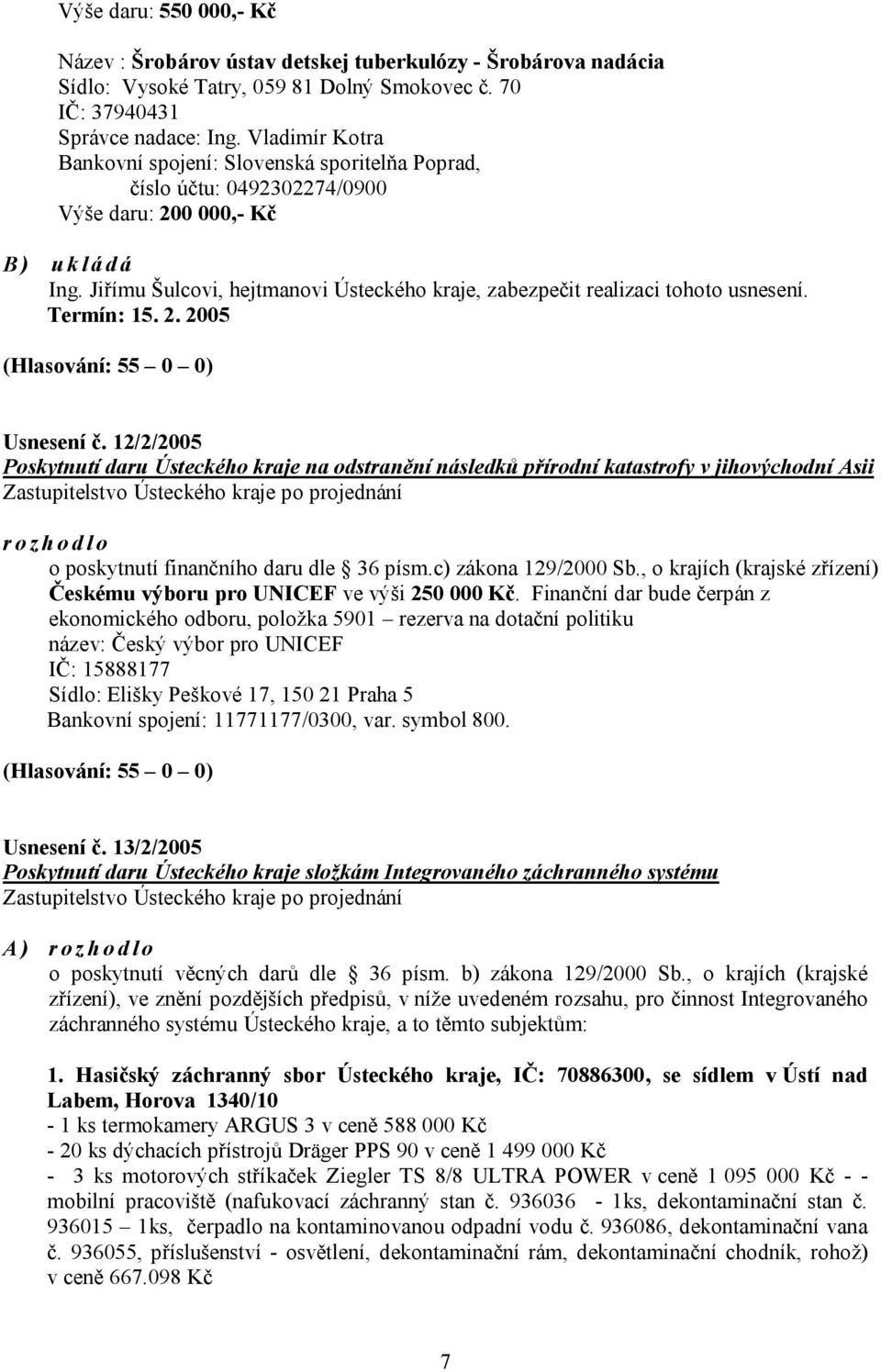 Jiřímu Šulcovi, hejtmanovi Ústeckého kraje, zabezpečit realizaci tohoto usnesení. Termín: 15. 2. 2005 (Hlasování: 55 0 0) Usnesení č.