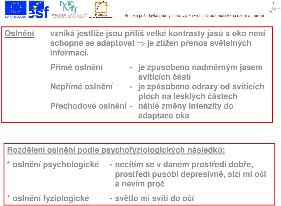 částech Přechodové oslnění - náhlé změny intenzity do adaptace oka Rozdělení oslnění podle psychofyziologických následků: * oslnění